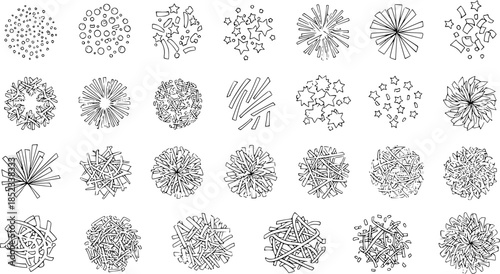 Architecture and Landscape Design Black and White Line Art Tree Symbols Top View Collection. Hand-drawn foliage and plant elements for urban planning blueprints and site schematics.