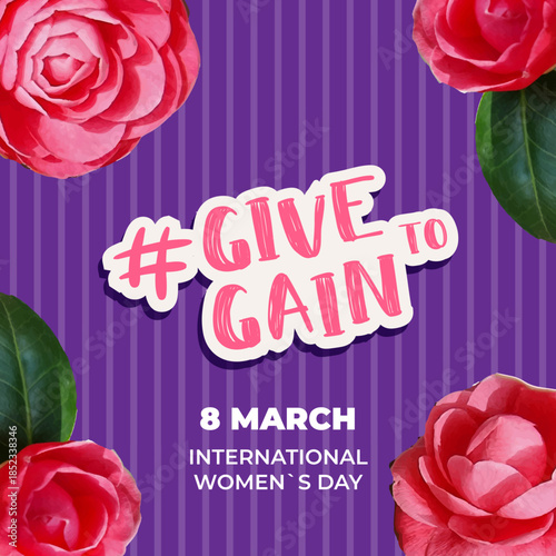 International Womens Day 8 march poster for Give To Gain campaign 2026. Collage with rose flower elements in halftone style. Contemporary vector illustration