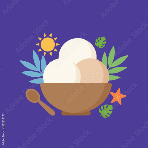 Flat illustration of three ice cream scoops in a bowl with a spoon, surrounded by sun, tropical leaves, and a starfish on a purple background.