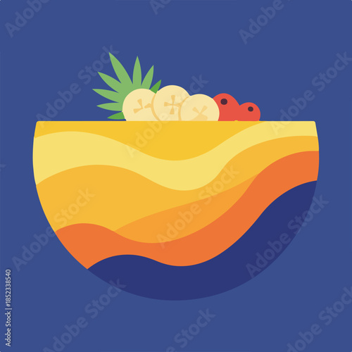 A colorful, minimalist illustration depicts a layered fruit bowl topped with banana slices, red berries, and green leaves against a blue background.