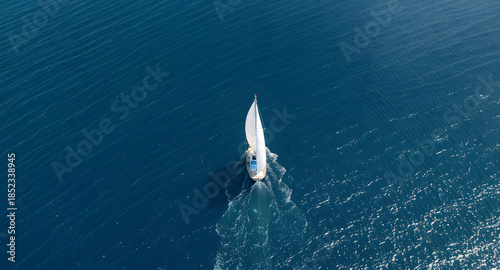 Aerial Drone View of Sailboat Cruising on Deep Blue Ocean