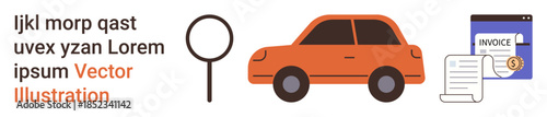 Automotive services, digital documentation, financial transactions, vehicle examination, business workflows, invoice management. Orange car, magnifying glass and invoice visuals. Automotive services
