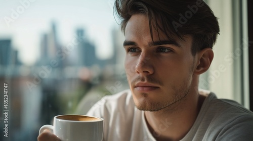 Contemplative young man with coffee overlooking the city skyline indoor