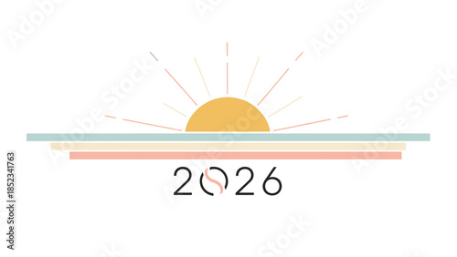 Minimalist graphic design for a Happy New Year social media post in 2026 with sunrise illustration and colorful lines on a clean background.