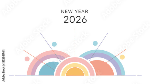 A vibrant graphic illustration for a Happy New Year 2026 social media post, featuring colorful abstract shapes and lines on a white background with a celebratory mood.