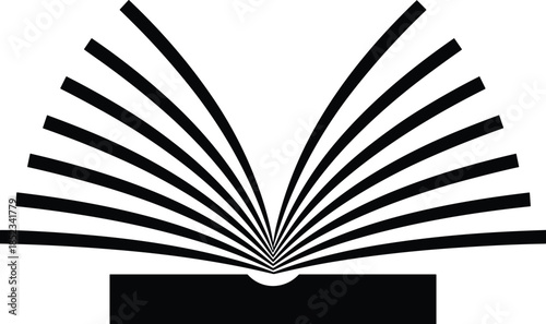 Symmetrical black and white graphic icon of an open book with fan pages representing education knowledge and literacy concepts