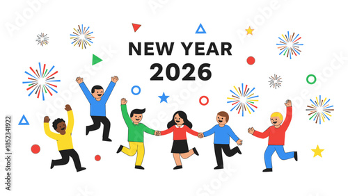 Flat design illustration of diverse people jumping and celebrating with fireworks and geometric shapes for a Happy New Year 2026 social media post on a white background with a joyful mood.