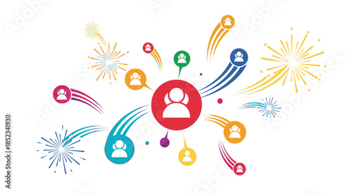 Colorful graphic illustration for a Happy New Year social media post in 2026 with vibrant fireworks and people icons on a white background.