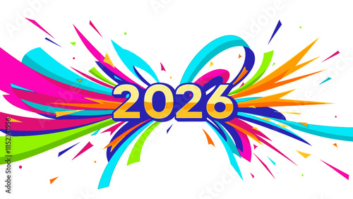 Vibrant graphic design for a Happy New Year Social Media Post 2026 with colorful swirls and bold typography on a white background.