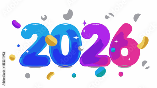 Colorful 2026 typography with confetti and sparks for a Happy New Year social media post in 2026 against a white background.