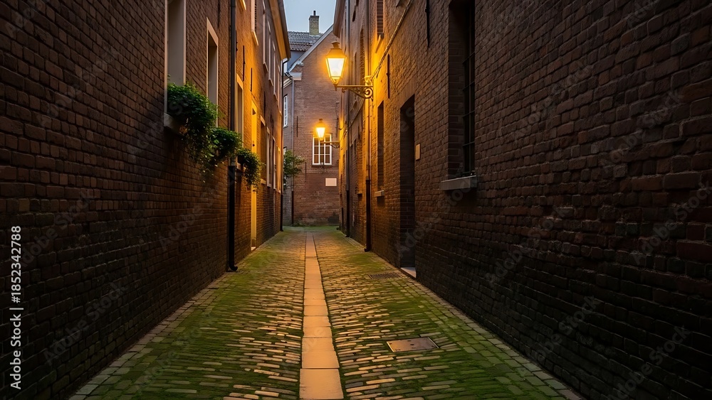 Fototapeta premium Quiet Narrow Alleyway at Night with Warm Lighting.