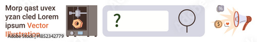 Automation, quality control, problem solving, financial decision-making, innovation, communication. A machine producing an item, a magnifying glass, symbols of money and sound amplification