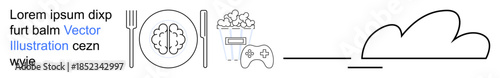 Cloud computing, digital storage, gaming, innovation, brainstorming, food concepts. Minimalist line art icons of a brain on a plate, food gaming controller and a cloud. Cloud computing and gaming