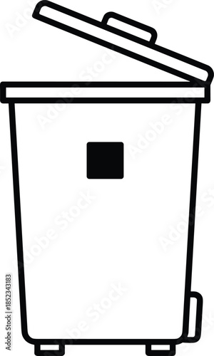 Minimalist black and white line art illustration of an open trash can with a pedal on a white background