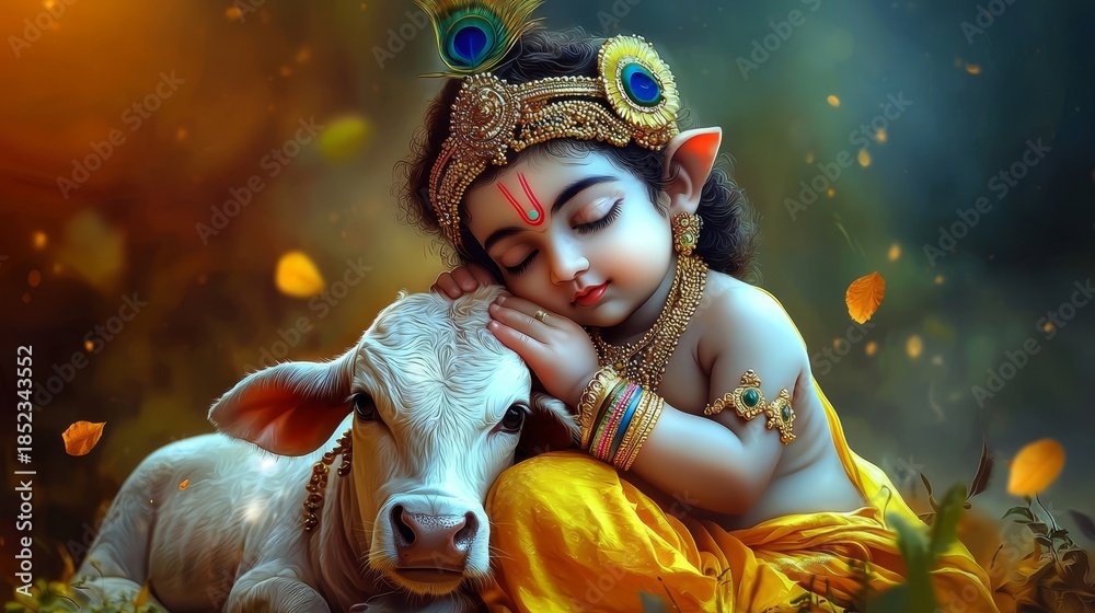 Fototapeta premium Celebrating Janmashtami with Baby Krishna and His Beloved Calf