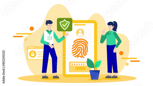 Biometric Security System Implementation. Flat Vector Illustration