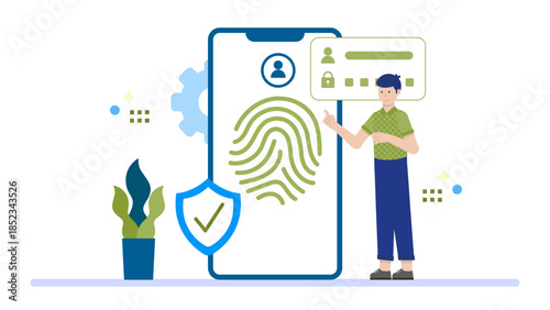Biometric Security System Implementation. Flat Vector Illustration