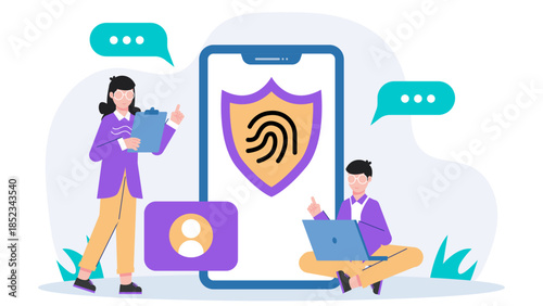 Biometric Security System Implementation. Flat Vector Illustration