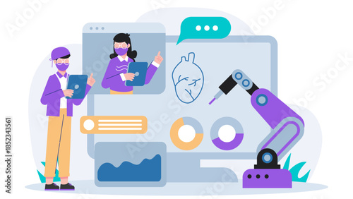 Remote Surgical Training Simulation. Flat Vector Illustration