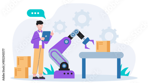 Automated Warehouse Robotics Operation. Flat Vector Illustration