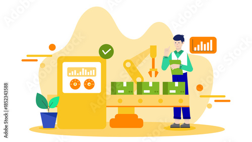 Automated Warehouse Robotics Operation. Flat Vector Illustration
