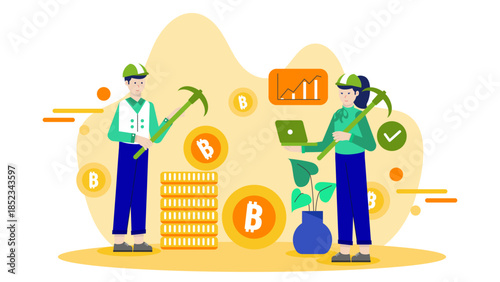 Digital Currency Mining Operation. Flat Vector Illustration