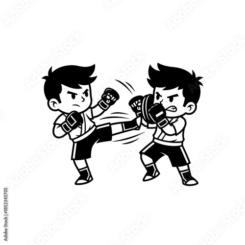 Two Cartoon Boys Engaged in Kickboxing Sparring with Boxing Gloves on Isolated White Background
