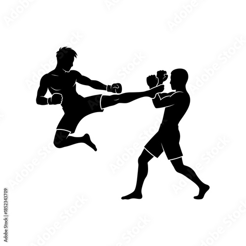 Dynamic silhouette of two male martial artists engaged in sparring, one performing an energetic jump kick, on an isolated white background.