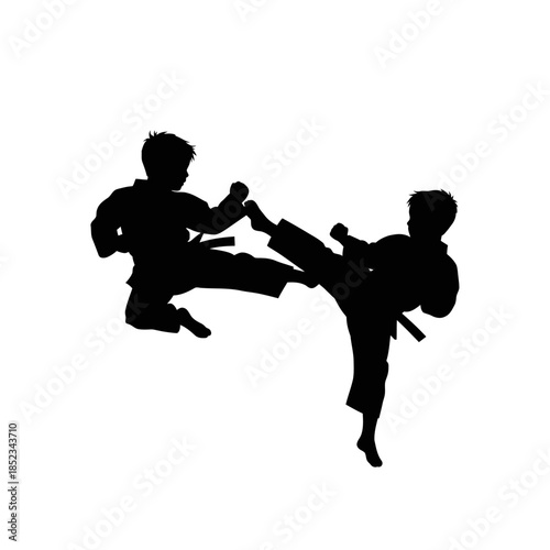 Two Male Martial Artists Performing a Dynamic Jumping Kick During Sparring on Isolated White Background