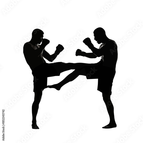 Intense silhouette of two male martial artists engaged in kickboxing combat, one delivering a powerful side kick, on an isolated white background.