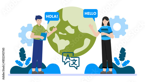 Language Translation Team Working. Flat Vector Illustration