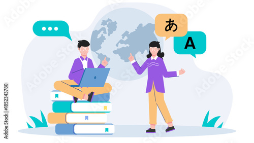 Language Translation Team Working. Flat Vector Illustration