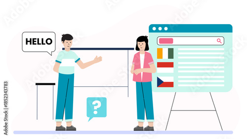 Language Translation Team Working. Flat Vector Illustration