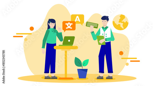 Language Translation Team Working. Flat Vector Illustration