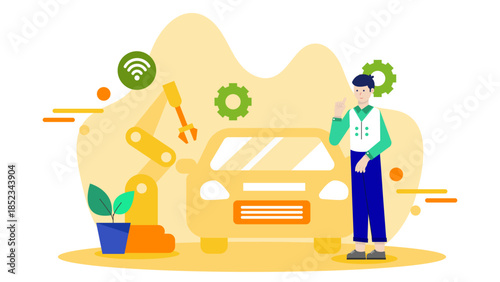 Electric Vehicle Assembly Line. Flat Vector Illustration