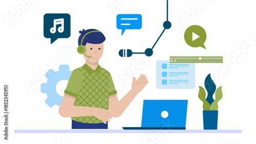 Online Music Master Class. Flat Vector Illustration