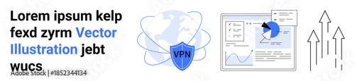 Online privacy, cybersecurity, economy growth, technology, analytics, digital trends. A VPN shield, data chart and growth arrows. Online privacy and cybersecurity concept