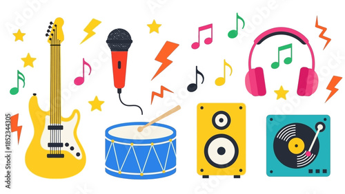 Vibrant collection of musical instruments and audio equipment for creative expression and entertainment
