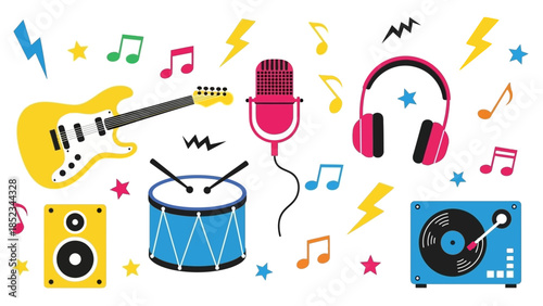 Musical instruments and sound equipment illustrations, including guitar, drum, headphones, and record player, with musical notes and lightning bolts