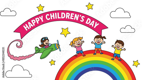 Happy Children's Day Celebration with Kids Flying a Plane and Standing on a Rainbow