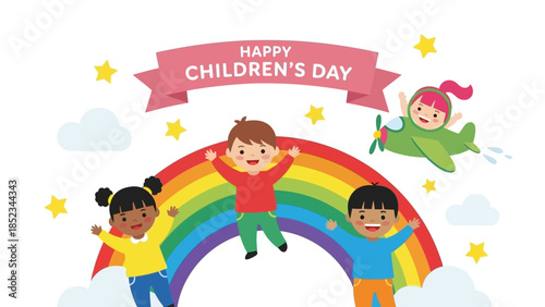 Happy Children's Day Illustration Diverse Kids Celebrating Joyfully on a Rainbow with Stars and Clouds