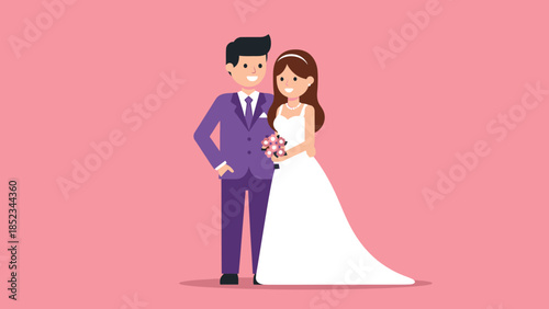 A joyful bride and groom in wedding attire, posing for their special day with smiles