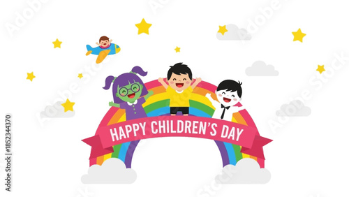 Happy Children's Day celebration with playful kids on a rainbow, stars, and airplane illustration