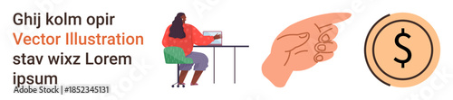 Finance, productivity, remote work, business decisions, investment planning, digital tools. A woman at a desk, a hand gesture and a dollar icon. Finance and productivity