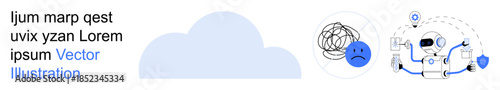 Cloud computing, artificial intelligence, mental health, technology solutions, data-driven therapy, remote services. A robotic figure with a brain and a sad face symbol. Cloud computing