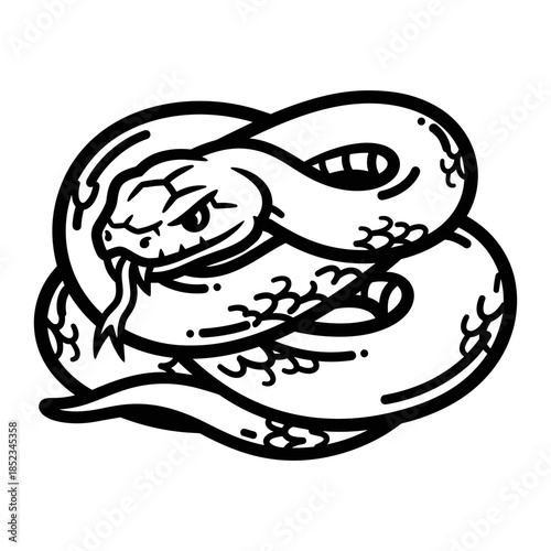 Coiled Serpent: An ominous monochrome illustration of a snake coiled tightly, its intense gaze conveying a sense of silent power and danger. 