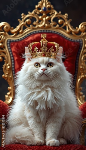 8k 3d wallpaper for mobile fluffy white cat wearing a golden king crown sitting throne