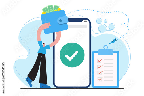 Flat illustration of successful digital transaction with check mark on smartphone. showing approved online payment digital wallet fintech solution and fast secure modern business transaction