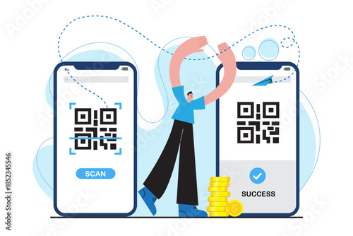 flat illustration of QR code mobile payment using smartphone scan. showing digital wallet cashless transaction modern fintech technology fast and secure payment for business ecommerce and finance apps
