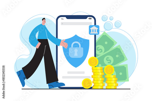 Modern flat illustration of secure mobile banking with shield and lock icon showing digital. finance protection secure online transaction fintech service and trusted banking system 